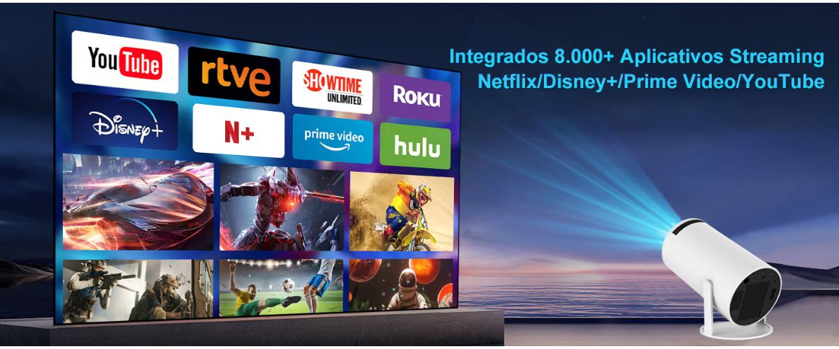 O Mini Projetor HY300 ideal para home cinema possui Android intalado permitindo usar todos os aplicativos de streaming