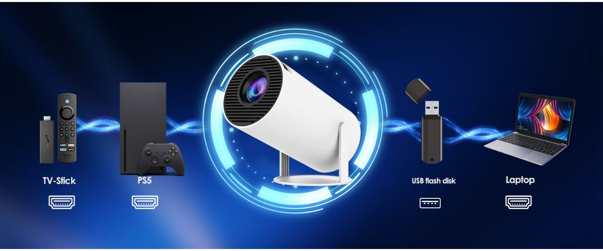 O Projetor HY300 possui conexão com vários tipos de dispositivos entre celulares, videogames, notebooks, pen drive, entre várias outras possibilidades