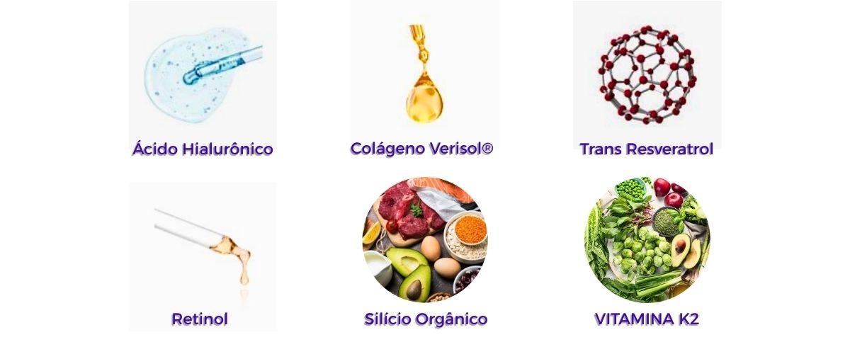 Banner de Trans Resveratrol mostrando a sua composição, Vitamina K2, Ácido Hialurônico, Retinol, Colágeno, Verisol, Silício Orgânico.