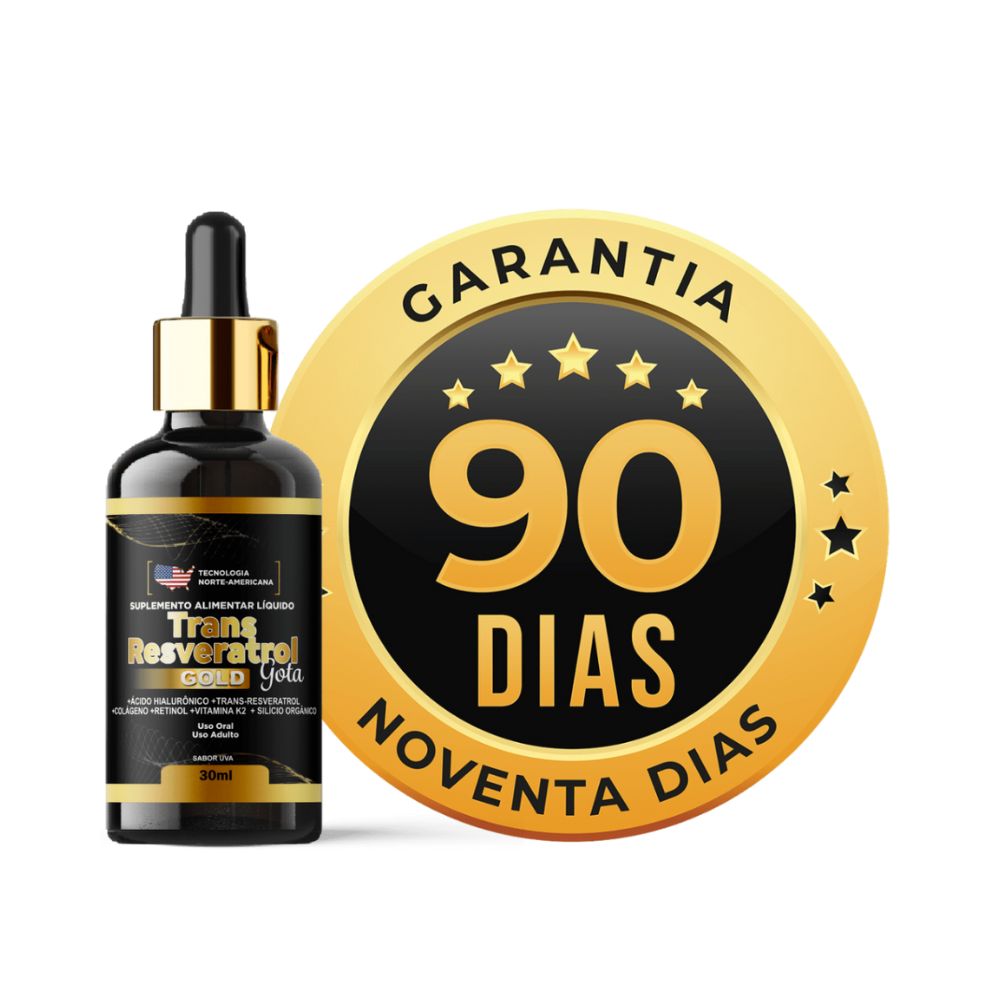 Embalagem do suplemento Trans Resveratrol Americano + K2 em destaque a garantia de 90 dias