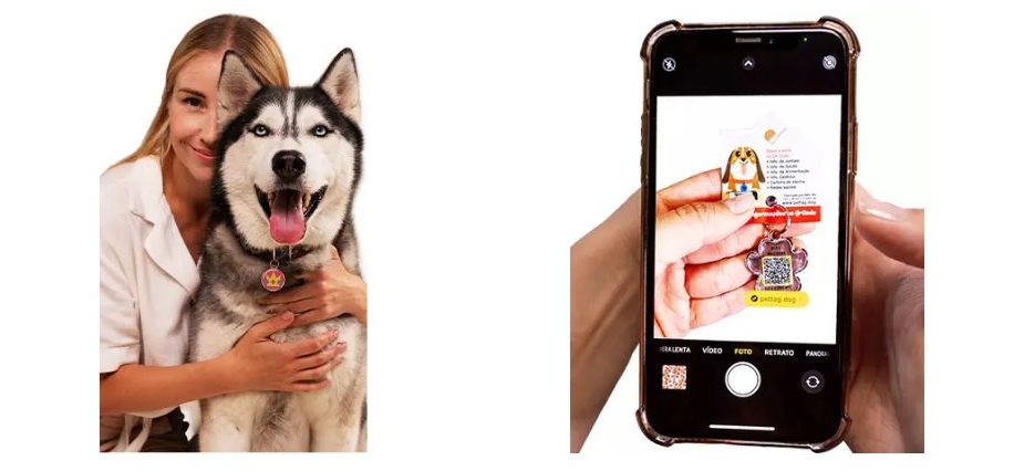 Uma mulher abraçando seu cão que está usando a Pet Tag em sua coleira - O seu cão também possui uma identidade virtual no app do seu celular