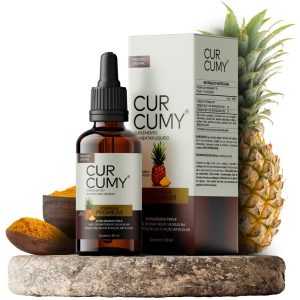 Imagem do suplemento Curcumy com frasco e caixa visíveis, fórmula natural para aliviar dores nas articulações e inflamações