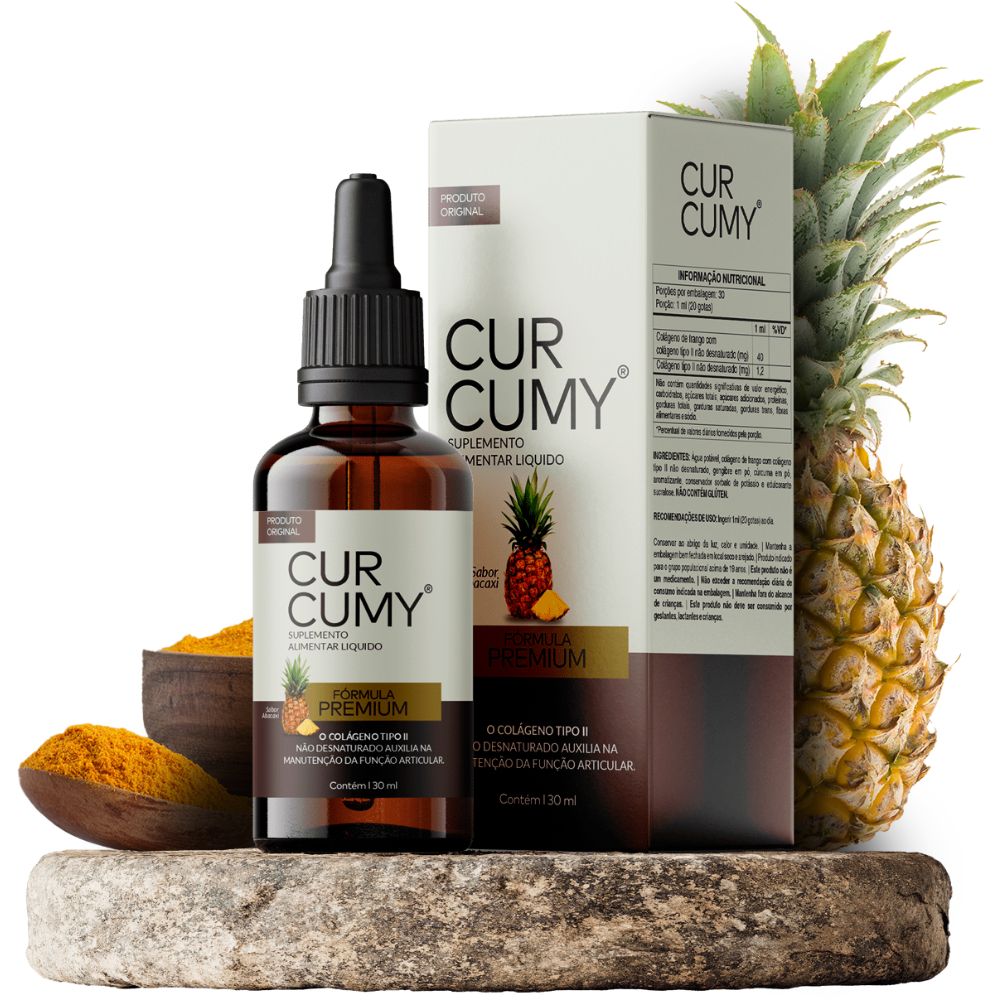 Imagem do suplemento Curcumy com frasco e caixa visíveis, fórmula natural para aliviar dores nas articulações e inflamações