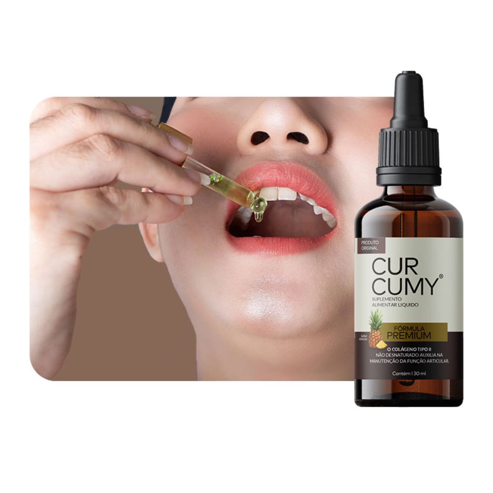 Gotas de Curcumy sendo ingeridas via sublingual