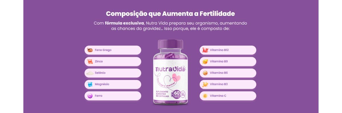 Banner Nutra Vida com destaque para ingredientes naturais como feno-grego, zinco, magnésio e vitaminas essenciais para a saúde hormonal feminina