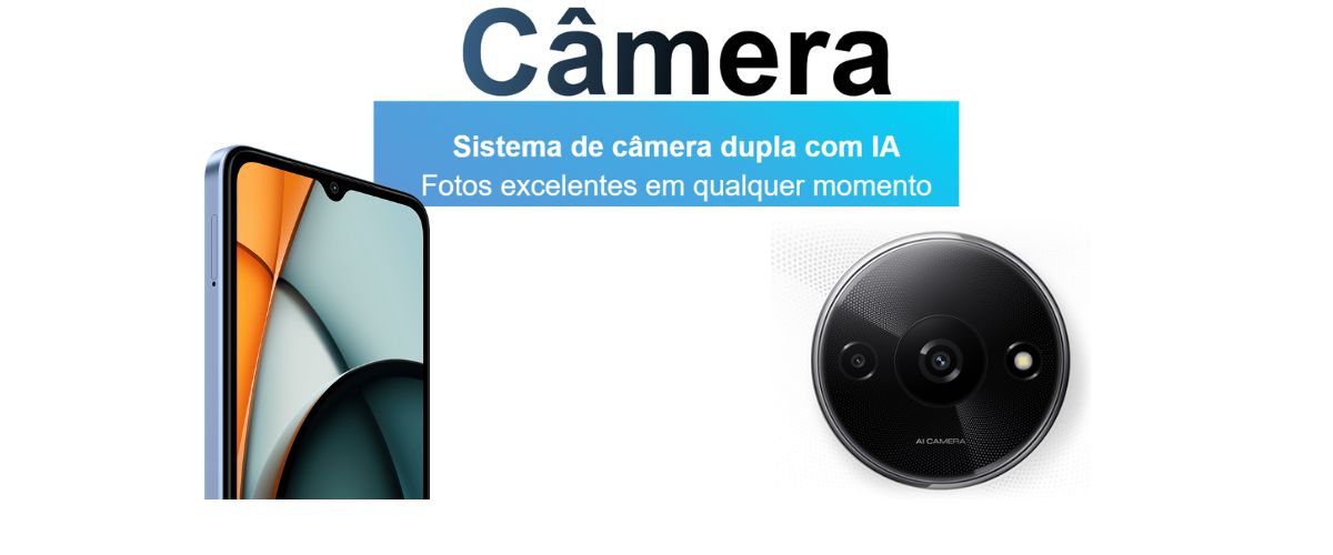 Banner mostrando as câmeras do Redmi A3 - Qualidade de imagem da câmera em ambiente interno e externo