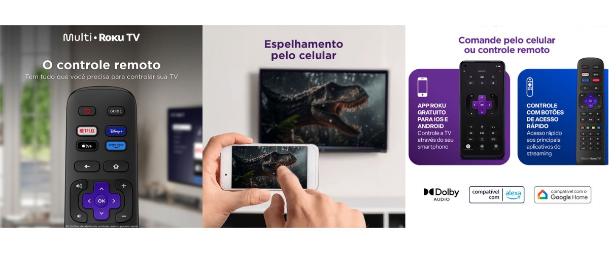 Controle remoto da Smart TV Roku Multi com botões de atalho - Espelhamento de celular e também controle por aplicativo