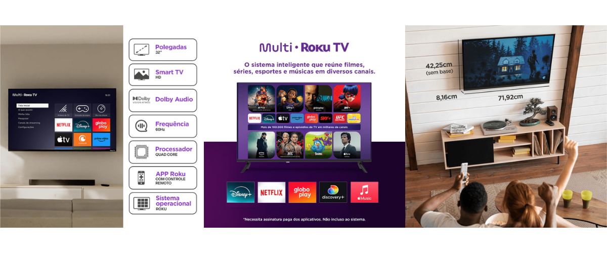 Smart TV Multi Roku 32" conectada ao Wi-Fi com streaming ativo - Dimensões da tela e especificações gerais da tv